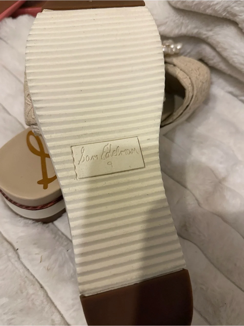 Sam Edelman Beige Lace Pearl-Buckle Slide Mules - Picture 8 of 9